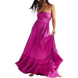 NWT Free People Extratropical Maxi in Dark Pink Crinkled Halter Dress S